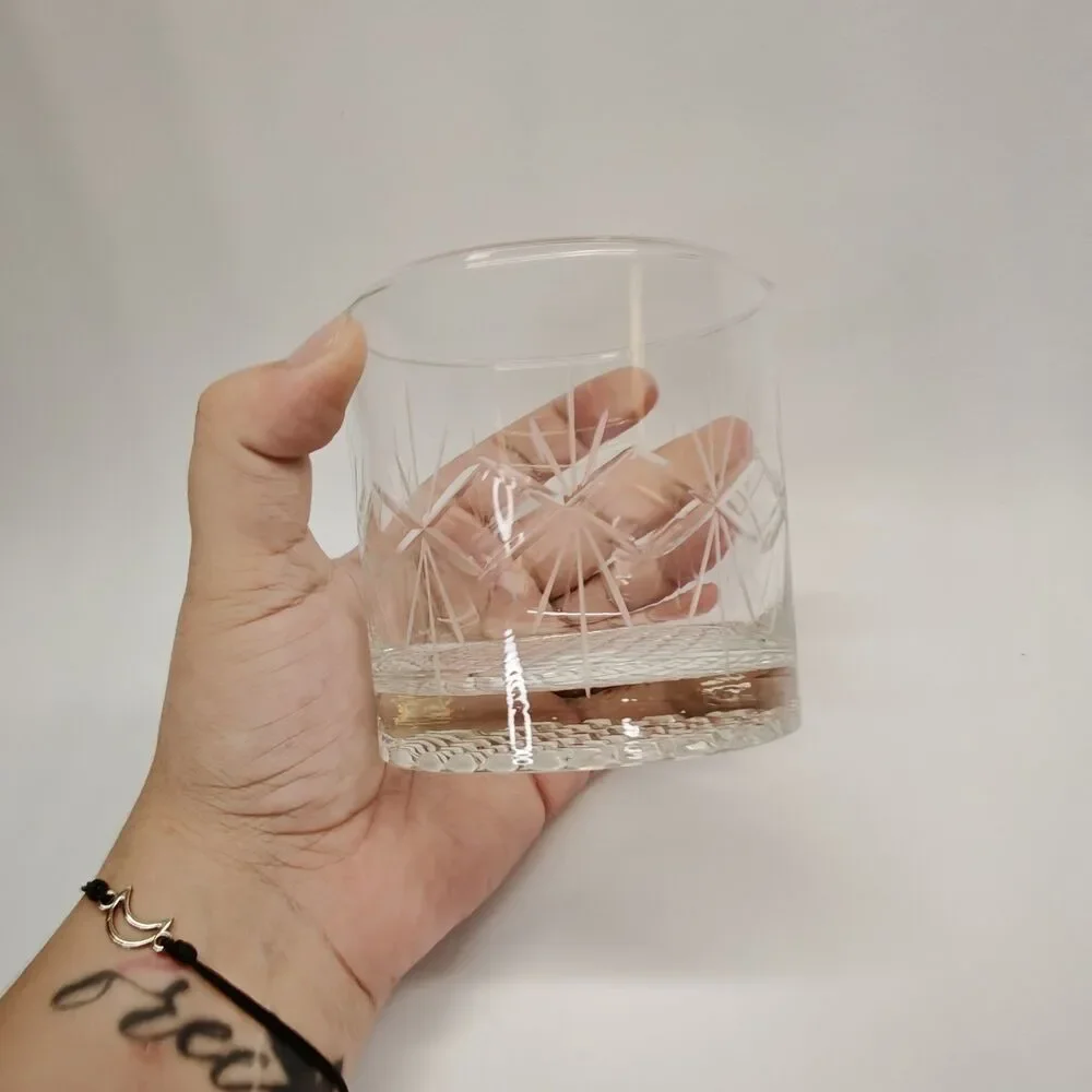 Vintage Cut Glass Rocks Whiskey Tumbler Starburst Diamond Pattern Heavy Barware